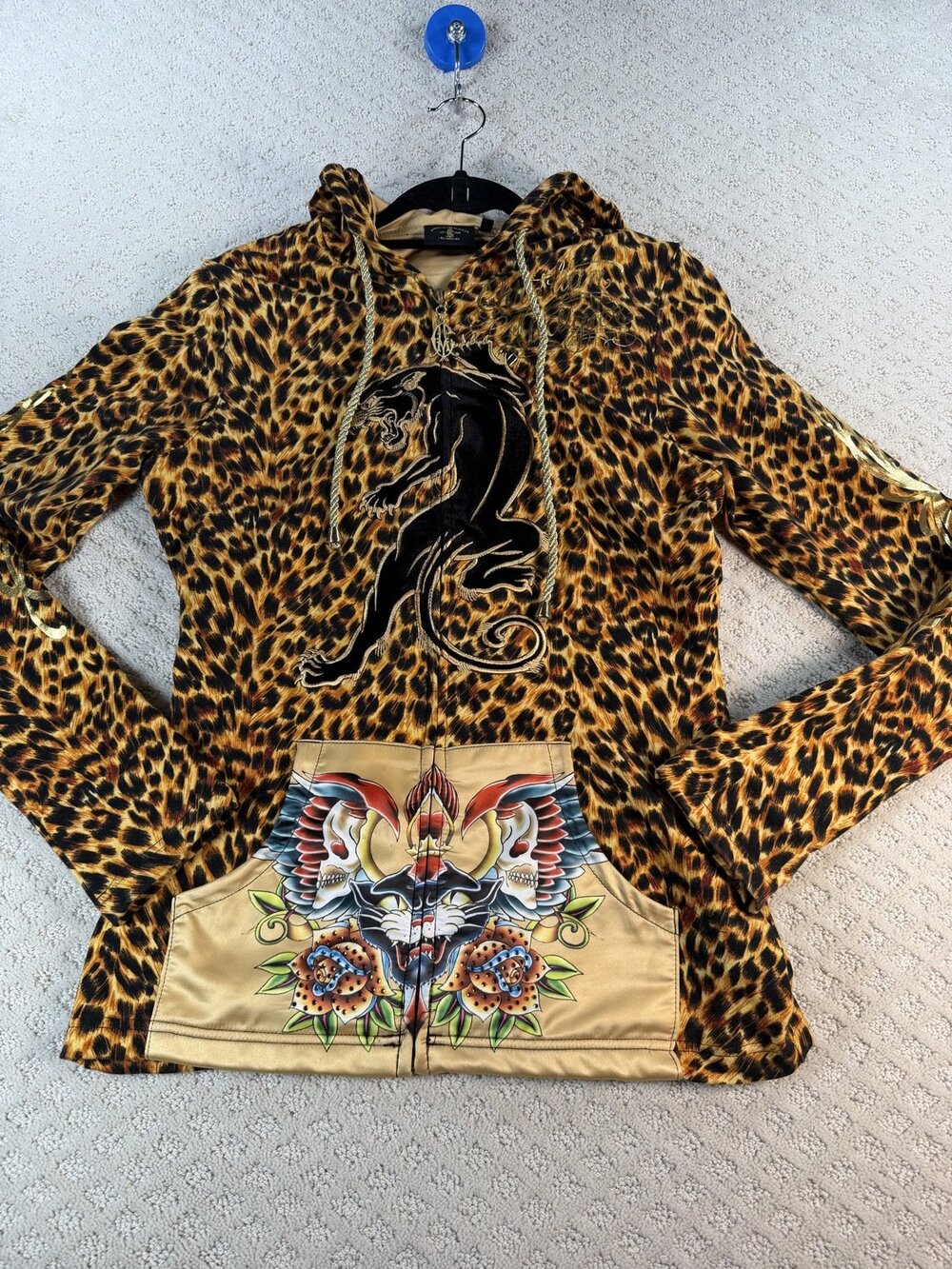 Christian Audigier Leopard Print Zip Hoodie Womens Panther Rhinestone Y2K Size L